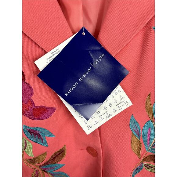 NEW Susan Graver Women Blazer Jacket Sz XL Orange Coral Embroidered Floral Artsy - Picture 7 of 8